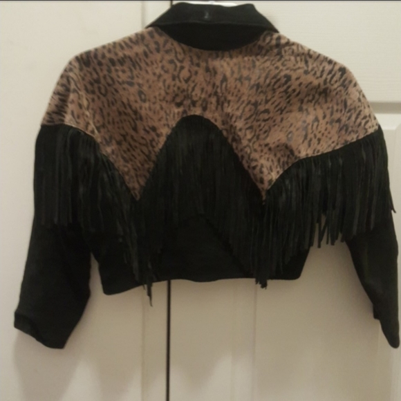 Cropped Black/Leopard Print Fringe Suede Jacket - Picture 4 of 4